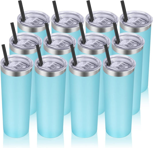 VEGOND Stainless Steel Tumblers Bulk 12 Pack, 20 oz Vacuum Insulated Skinny Tumblers with Lids and Straws, Double Wall Coffee Mug, Travel Water Cup, Blue