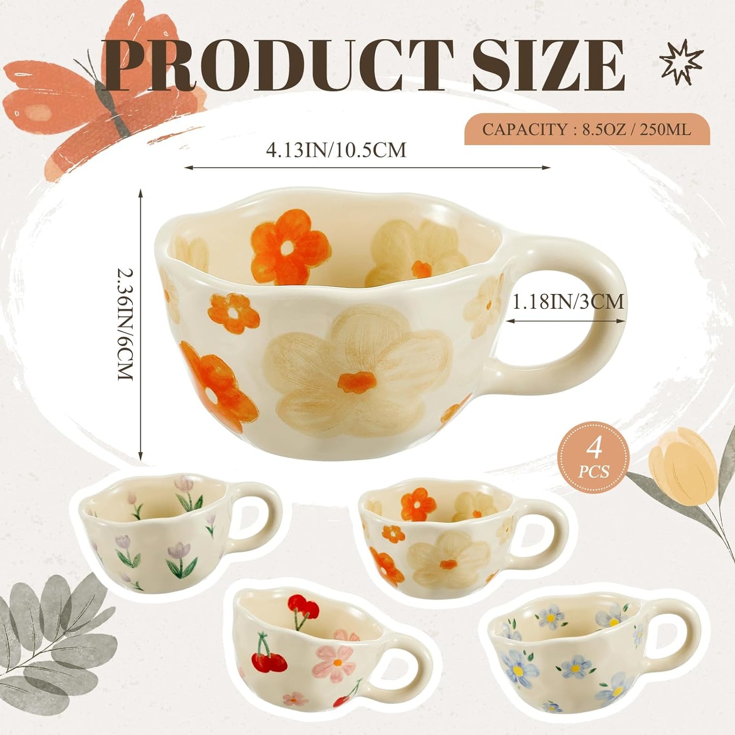 Vesici 4 Styles Cute Ceramic Flower Coffee Mug Set 8. 5 oz Vintage Aesthetic Porcelain Floral Tea Coffee Cup with Handle Dishwasher Microwave Safe for Woman Girls Gifts