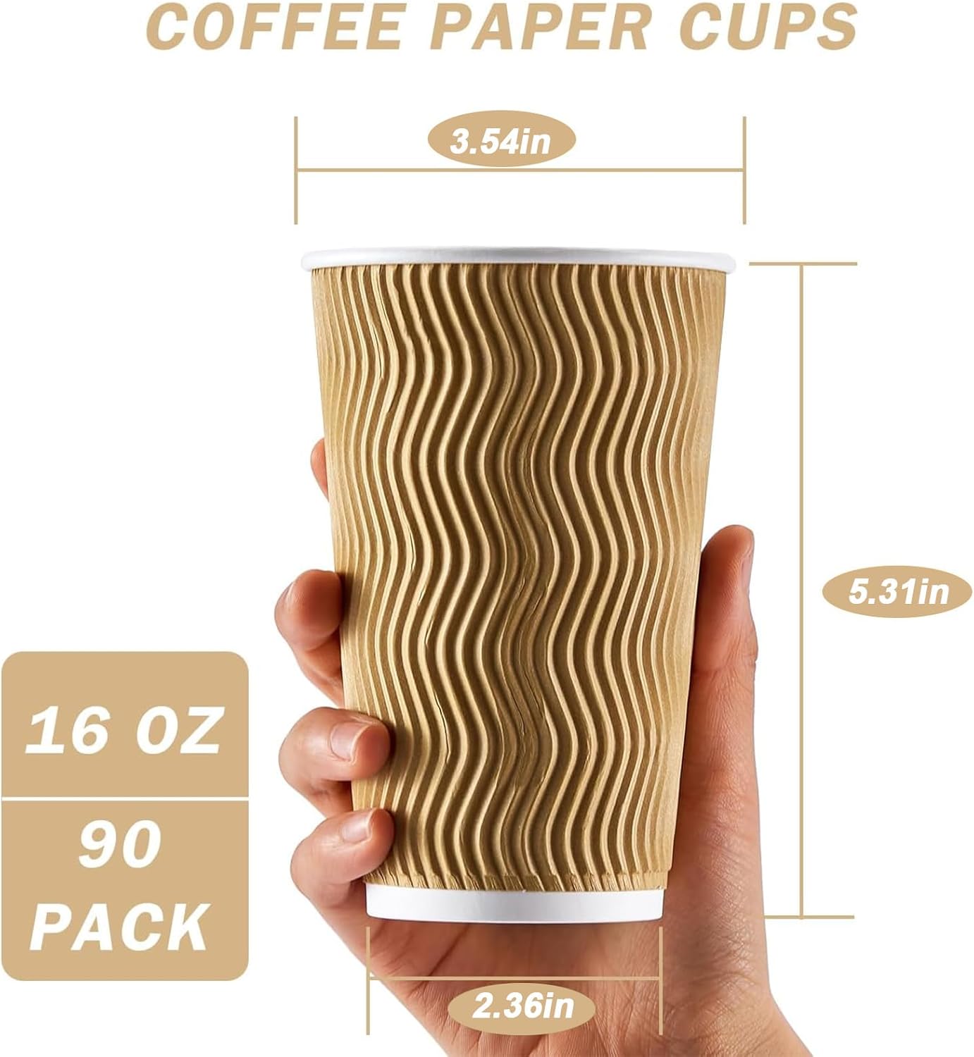 90 Pack 16 oz Disposable Coffee Cups No Lids, Champagne Insulated Ripple Wall Paper Coffee Cups 16oz, Kraft Corrugated Beverage Paper Cups for Hot Chocolate, Home, Travel, Office, Tea