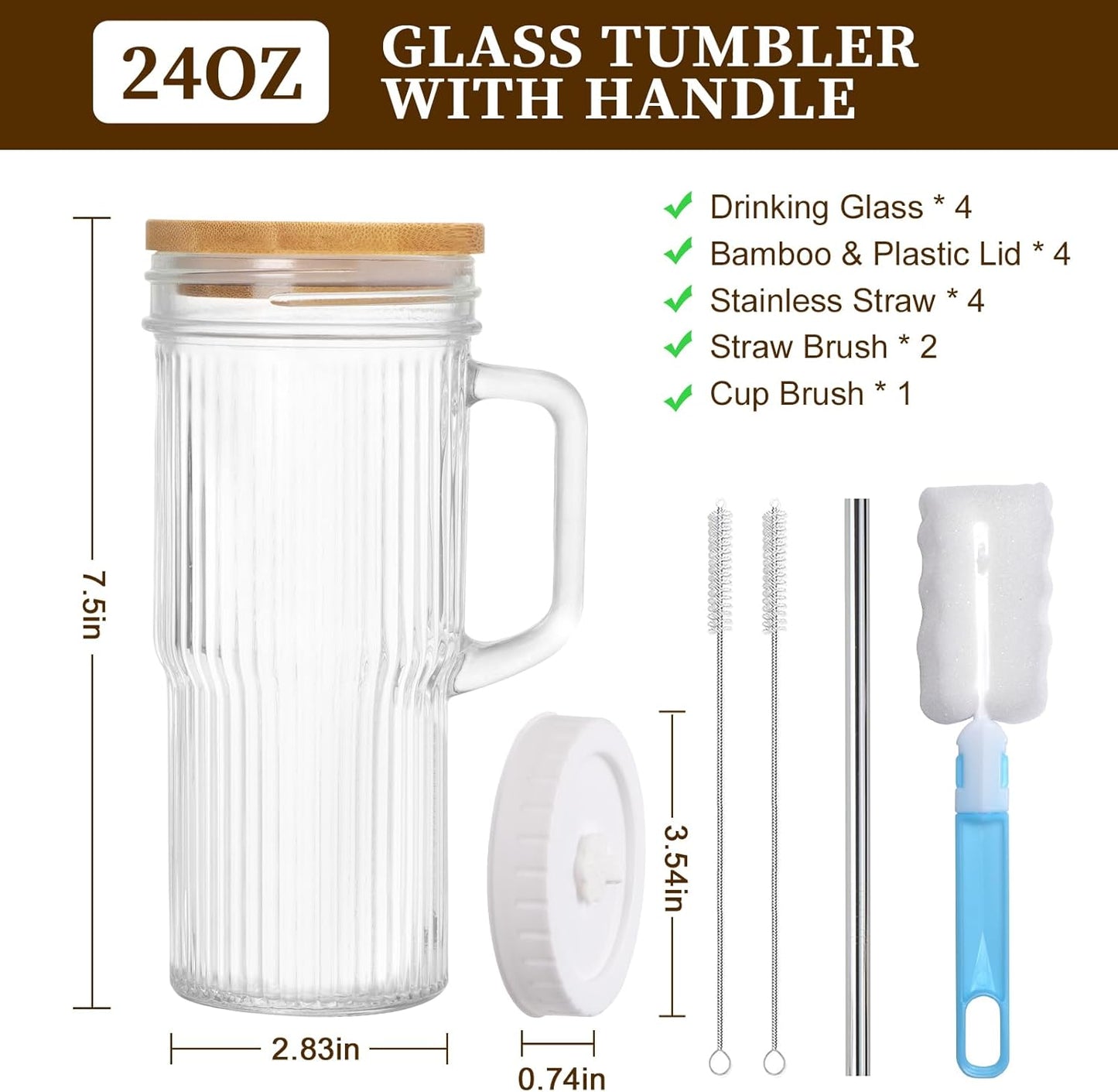 24Oz Ribbed Glass Tumblers with Lids and Straws, Glass Tumbler with Handle, Vintage Glass Cups Thick Drinking Glasses Set of 4, Ideal for Iced Coffee, Smoothies, Cocktails, Tea and Juices