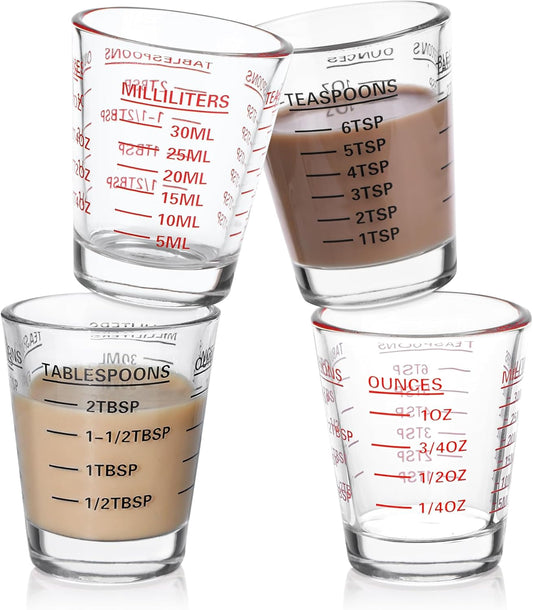 Shot Glasses Measuring Cup Set 4PACK Espresso Shot Glasses Liquid Heavy Glass 26-Incremental Measurement 1 OZ, 2 TBS, 6 TSP, 30 ML Kitchen Tools (RED&Black)