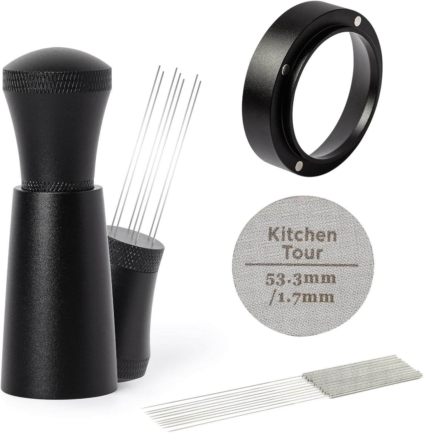 KitchenTour Espresso Accessories Kit 53.5mm, WDT Tool, Dosing Funnel and Puck Screen Set, 304 Stainless Steel Needle Coffee Distribution Stirrer, Portafilter Dosing Ring for Barista 53.5mm