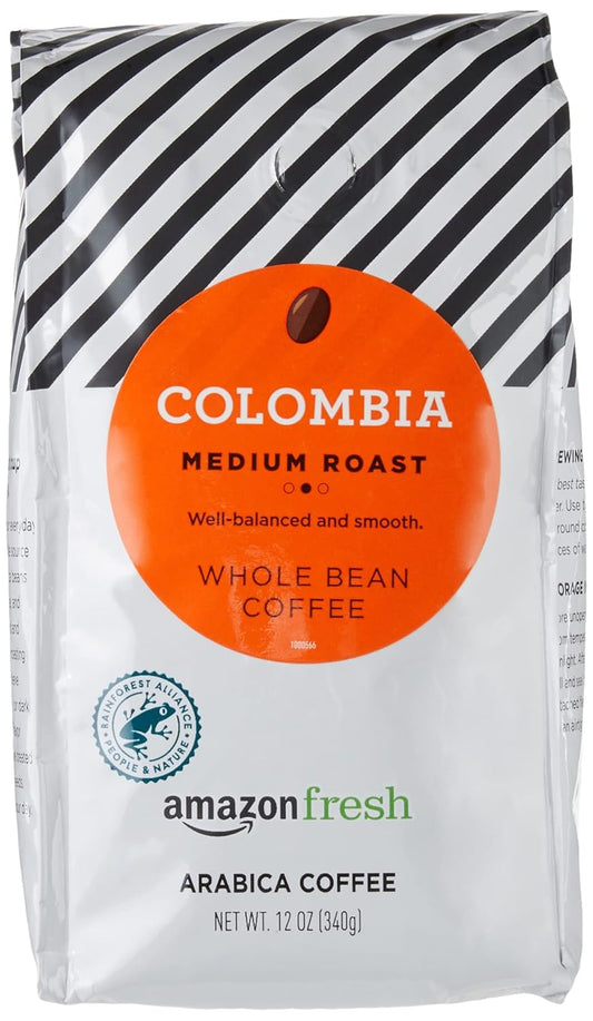 Amazon Fresh Colombia Whole Bean Coffee, Medium Roast, 12 Ounce