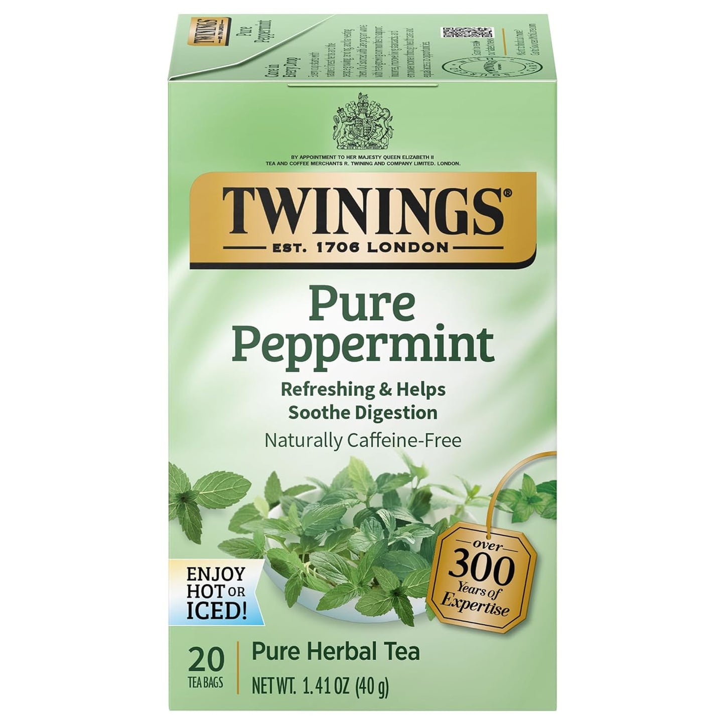 Twinings Pure Peppermint Individually Wrapped Tea Bags, 20 Count (Pack of 1), Fresh Minty Flavour, Naturally Caffeine Free, Enjoy Hot or Iced