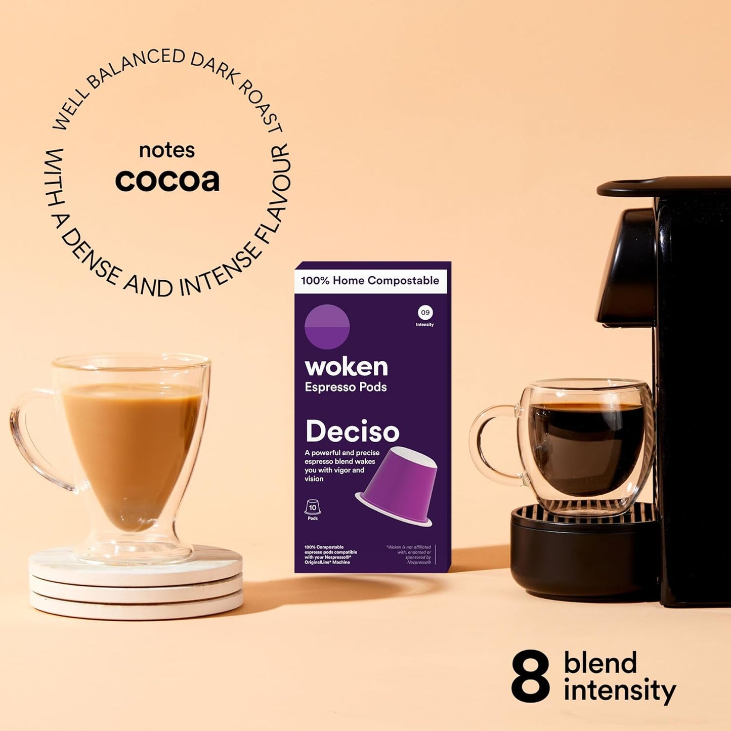 WOKEN COFFEE Compostable Nespresso Pods - Deciso Dark Roast Italian Espresso Coffee Capsules Compatible With Nespresso Coffee Machine (60 Pod Count, 6 Boxes)