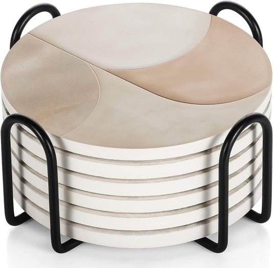 VEYRO Coasters Set of 6 for Drinks – Absorbent Ceramic Stone Drink Coasters with Cork Backing for Coffee Table & Desk, Modern Marble Look Cup Coaster Set, Housewarming Gift for New Home