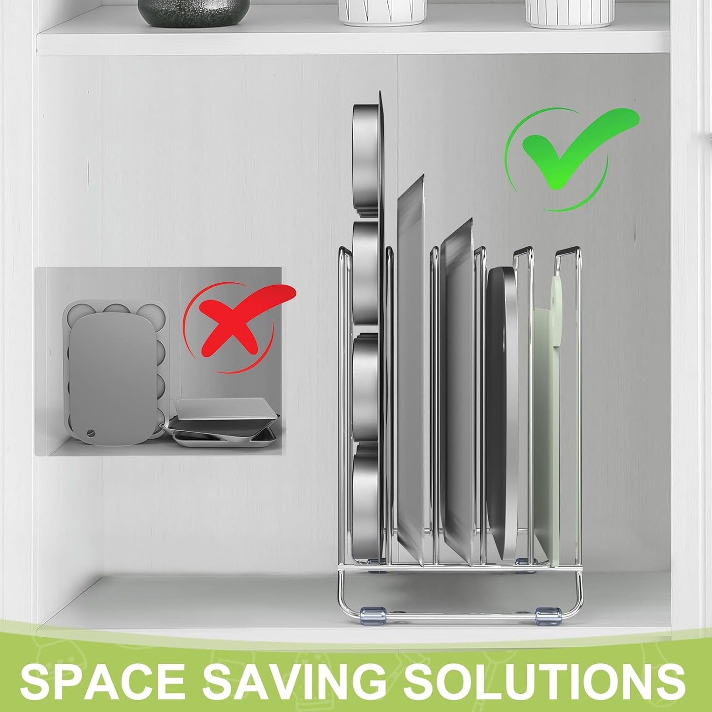 AKAZA 2 Pack-X-Large Kitchen Cabinet Organizer - Storage Tray Organizer Rack for Kitchen Cabinet - Divided Holder with 5 Slots for Skillets, Cutting Board, Baking Sheets(Chrome)