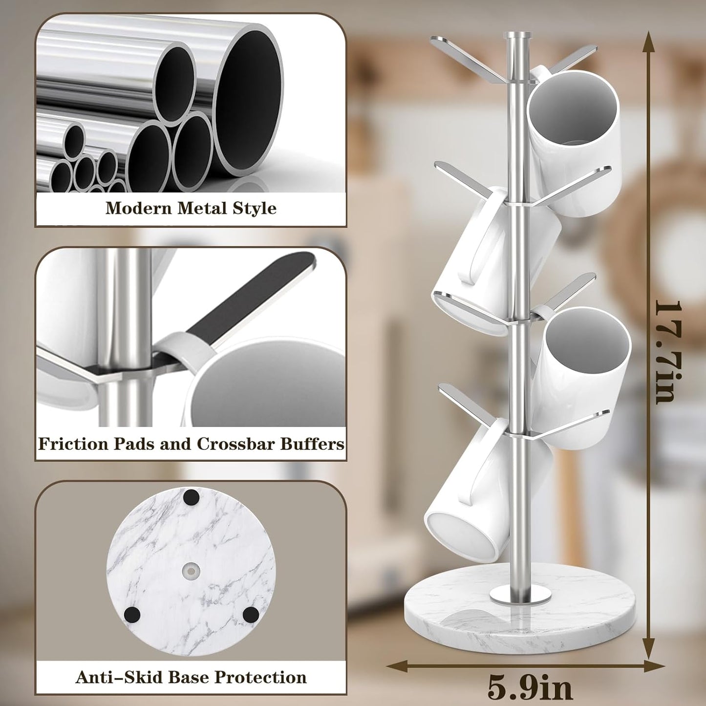 Marble Mug Holder Tree with 8 Hooks, Stainless Steel Coffee Cup Holder, Non-Slip Silicone Pads, Heavy Duty Marble Base, Countertop Organizer for Kitchen & Cafe, Silver