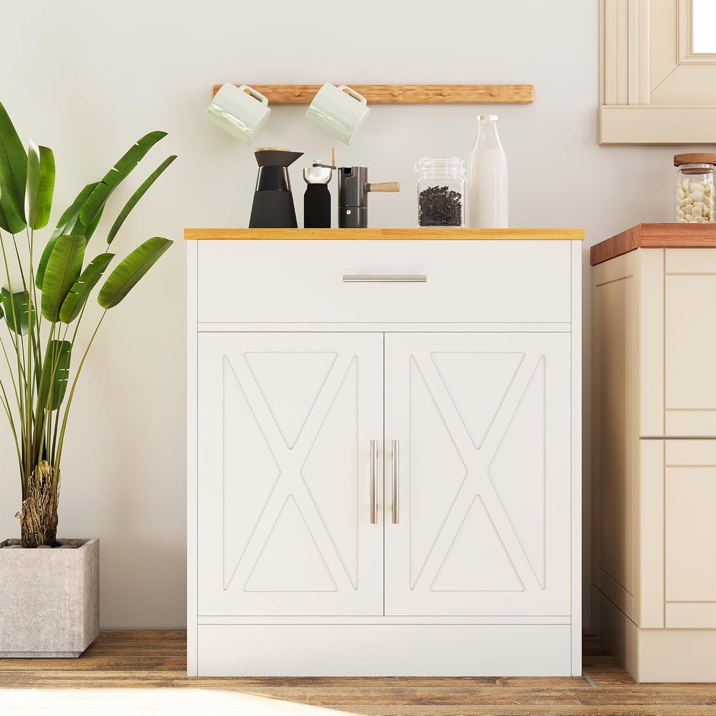 Vongrasig Sideboard Buffet with Storage, Modern Kitchen Storage Cabinet with 1 Drawer and 2 Doors, Wood Coffee Bar Buffet Table for Kitchen, Dining Room, White