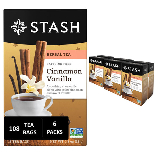 Stash Tea Cinnamon Vanilla Herbal Tea - Naturally Caffeine Free, Non-GMO Project Verified Premium Tea with No Artificial Ingredients, 18 Count (Pack of 6) - 108 Bags Total