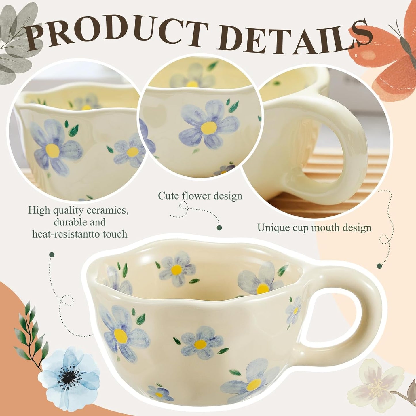 Vesici 2 Pcs Ceramic Coffee Mugs Flower Cups with Spoon Vintage Floral Mugs with Handle 8.5 oz Aesthetic Tea Porcelain Cup Gift for Valentine Office Home, Dishwasher and Microwave Safe(Vivid)