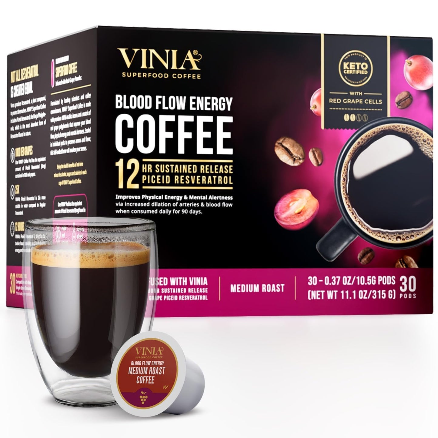 VINIA Blood Flow Energy Coffee Pods - Medium Roast Infused with Red Grape Piceid Resveratrol for Physical Energy & Mental Alertness, Compatible with K Cups Superfood Coffee, Full-Bodied, 30 Ct