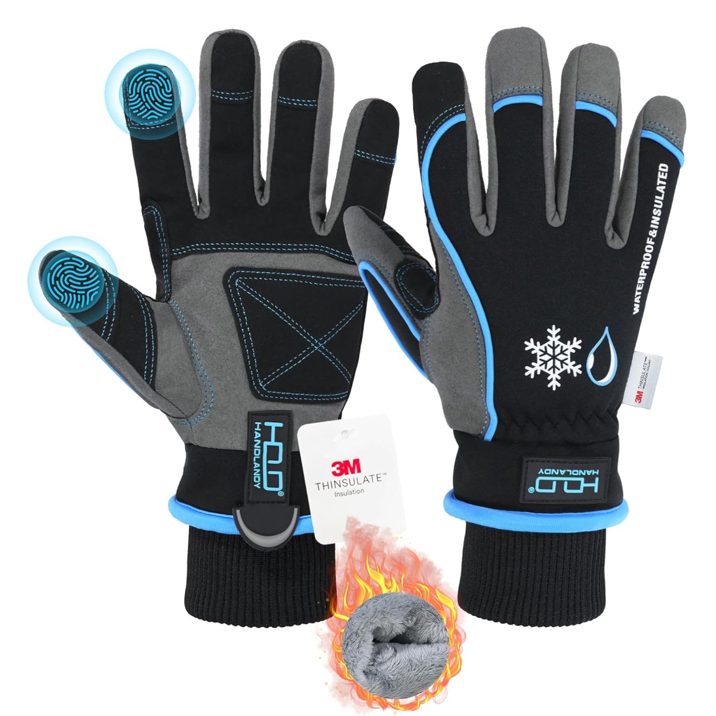 HANDLANDY Waterproof Insulated Work Gloves, 3M Thinsulate Thermal Winter Gloves for Men Women Touch Screen, Warm Ski Snowboard Cold Weather Gloves (Small, Blue)