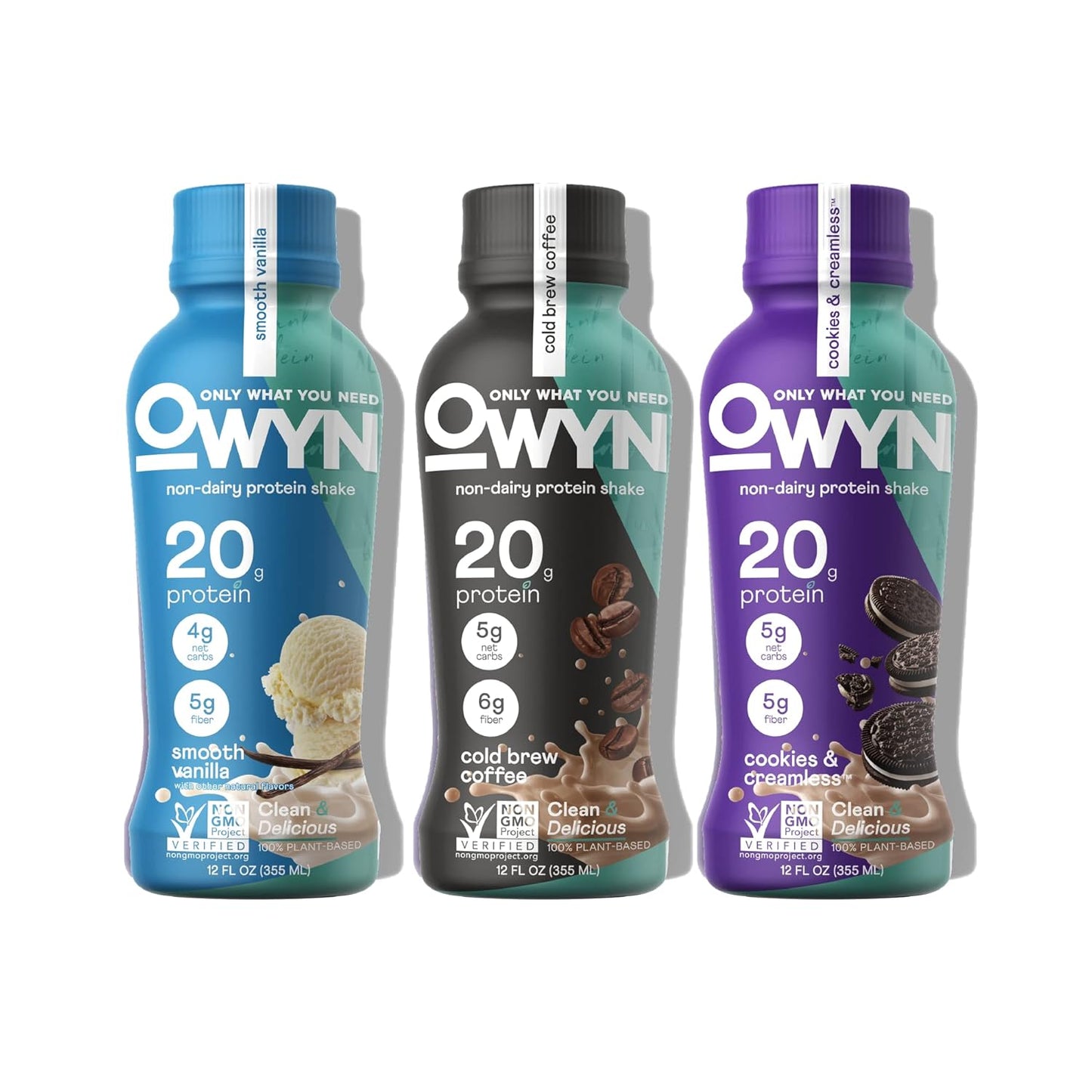 OWYN Only What You Need Plant Based Protein Shake, 20g Vegan Protein from Organic Pumpkin seed, Flax, Pea Blend, Prebiotic supplement, Gluten & Soy-Free (Vanilla Variety Pack, 12 Pack)