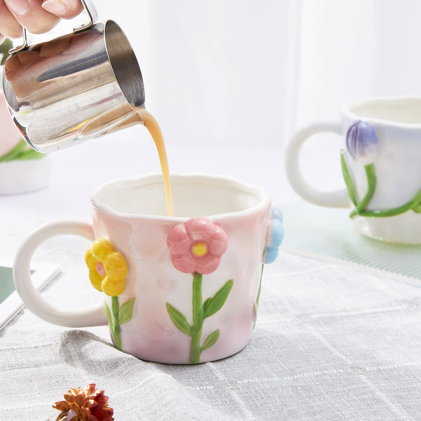 3D Flower Coffee Mug Lily of the Valley Ceramic Cup,12 oz Cute Handmade Mugs,Christmas Birthday Surprise for Friends Family or Flower Lovers (Pink Lily of the Valley)