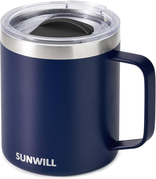 SUNWILL Insulated Coffee Mug with Lid, Travel Tumbler with Handle, 14oz Stainless Steel Cup for Camping, Office, Home, Powder Coated Navy Blue