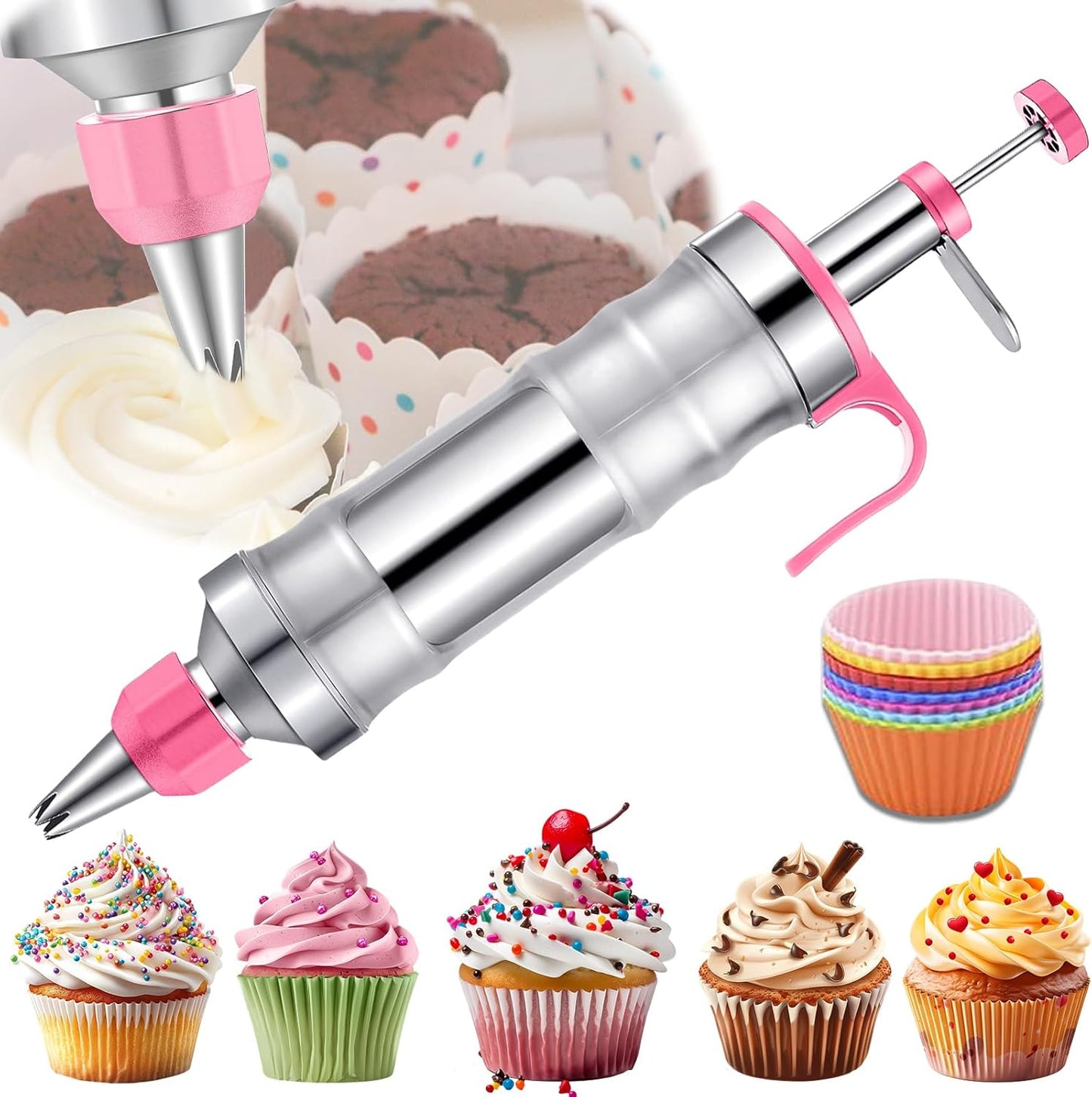 Hendiy Dessert Decorating Syringe Set, Frosting Piping Kit Stainless Steels Cake Decorating Kit with 6 Piping Tips & 9 silicone cupcakes, Cupcake Decorating Kit Piping Bags and Tips Set