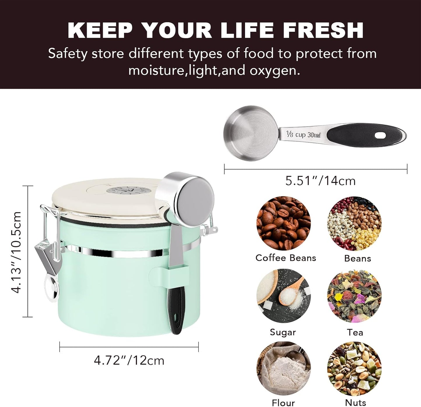 ShanSon Coffee Canister Airtight Coffee Container Stainless Steel Coffee Bean Storage Container with CO2 Release Valve and Scoop Coffee Canister for Beans,Grounds,Sugar,Flour,Tea,Cereal,11OZ,Green