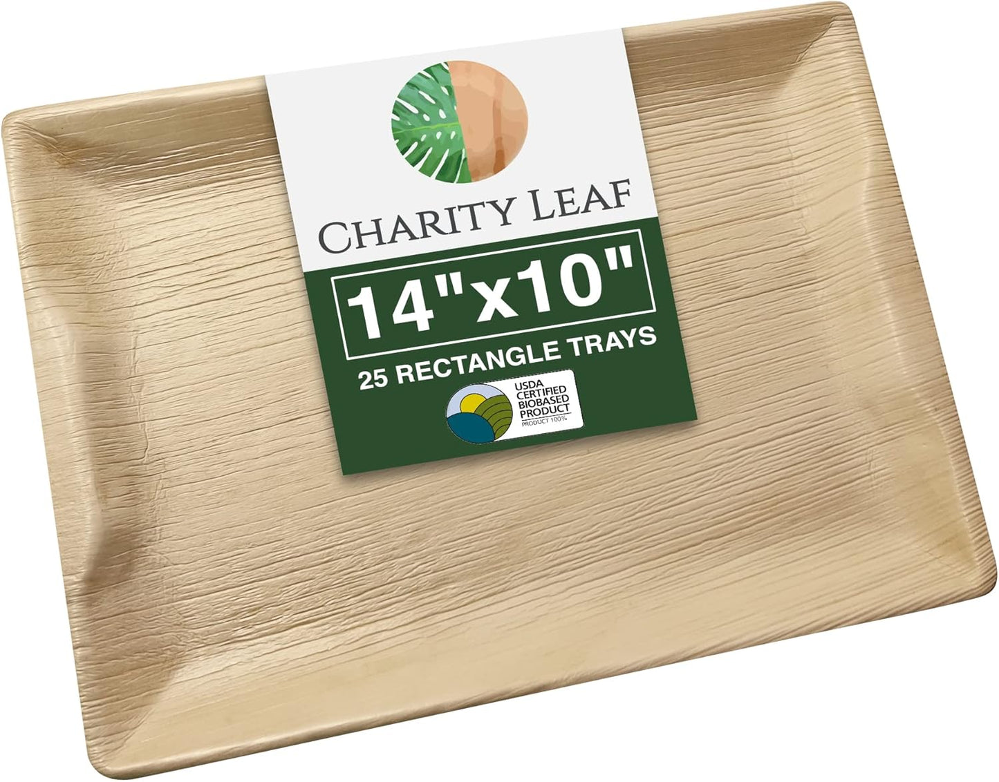 Charity Leaf Disposable Palm Leaf 14" x 10" Trays (25 Pieces) Bamboo Like Serving Platters, Disposable Boards, Eco-Friendly Dinnerware for Weddings, Catering, Events