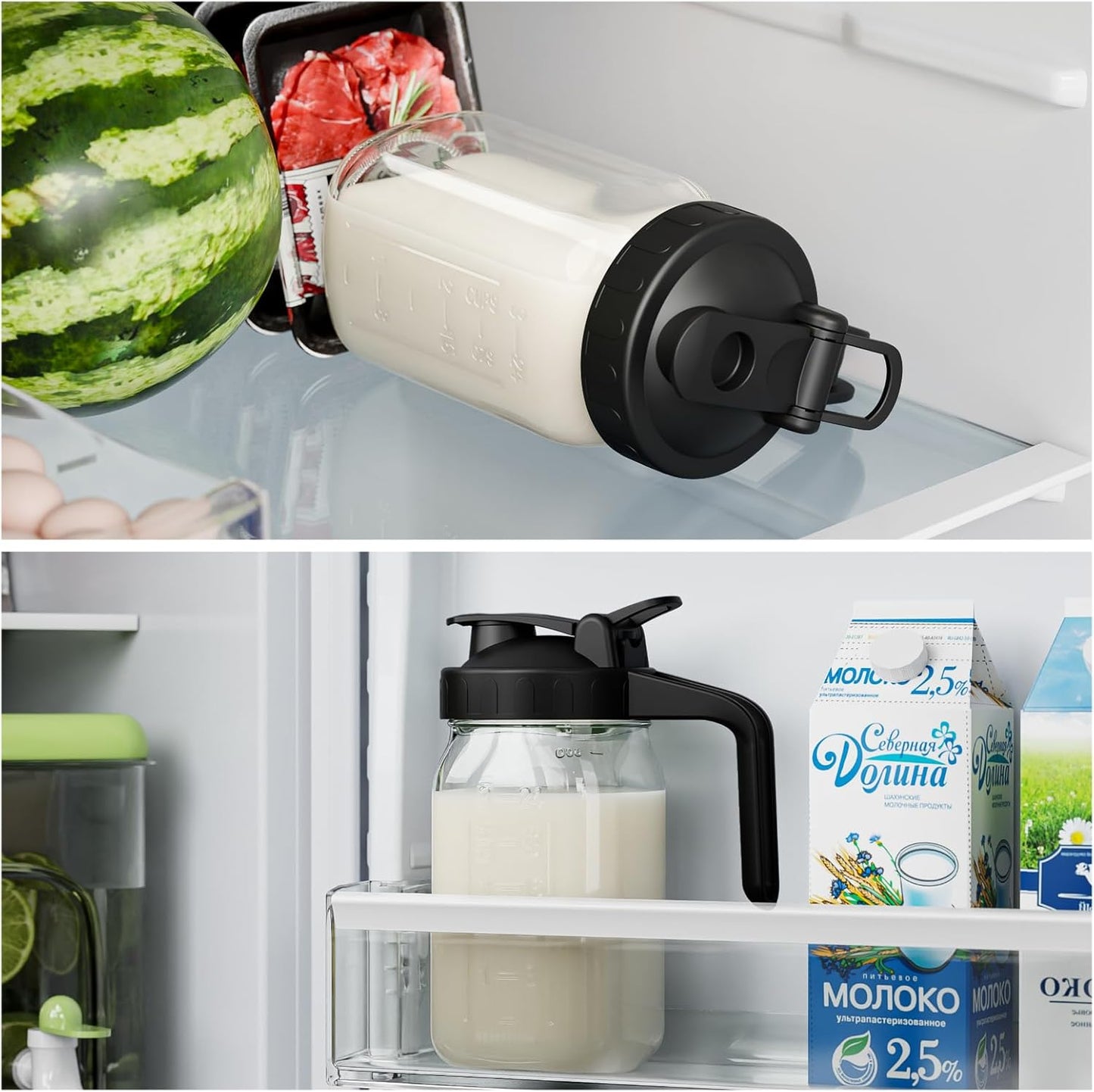 Breast Milk Pitcher Jug - 32 oz Glass Mason Jar Airtight Pitcher with Pour Spout Handle for Breastmilk, Iced Tea, Ice Drinks Storage Container（Black）