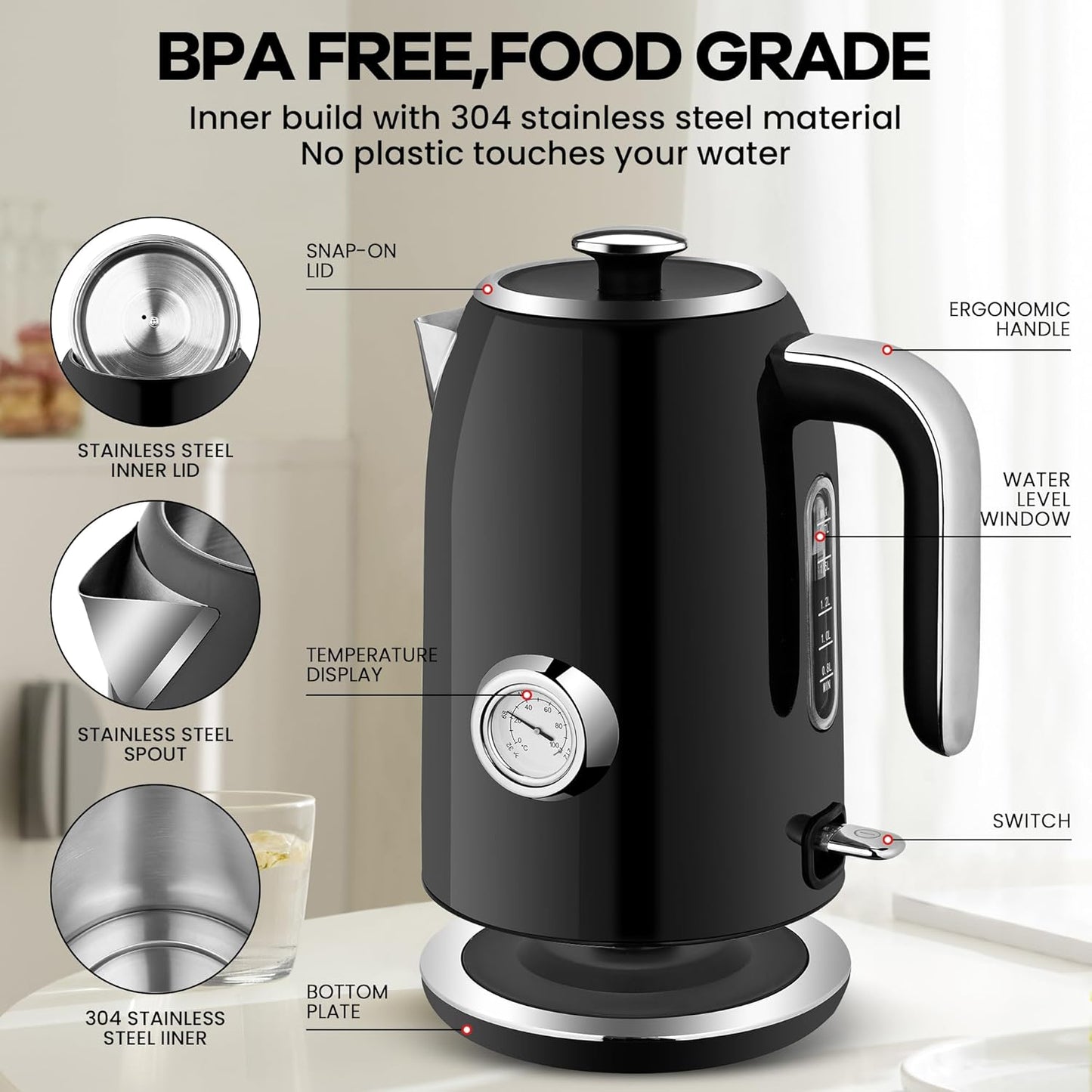 PUKOMC Electric Kettle, 1.7L Stainless Steel Tea Kettle with Temperature Gauge, 1500W Water Boiler with LED Light, BPA-Free, Auto Shut-Off and Boil-Dry Protection (Black)