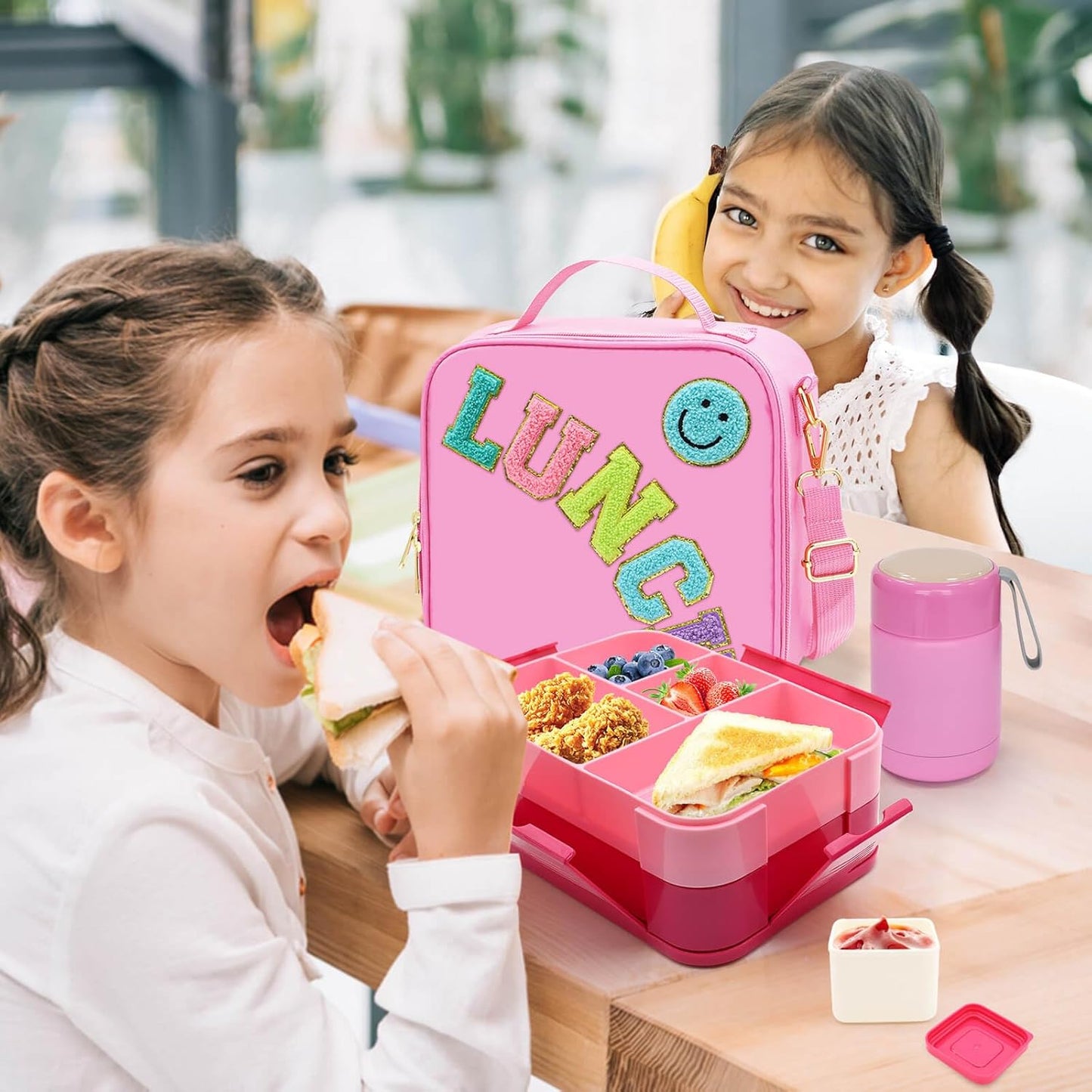 Pink Lunch Box for Girls with 10oz Thermo, with 6 Compartment Bento Box, Nylon Insulated Lunch Bag Adjustable Strap for Girl Kids Teens School Travel Picnic