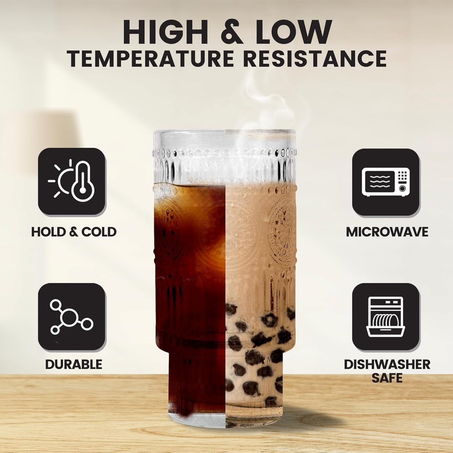 11oz Glass Tumbler with Straw and Lid Ribbed Vintage Iced Coffee Glasses for Tea Soda Cocktail Smoothie(Ribbed*2)