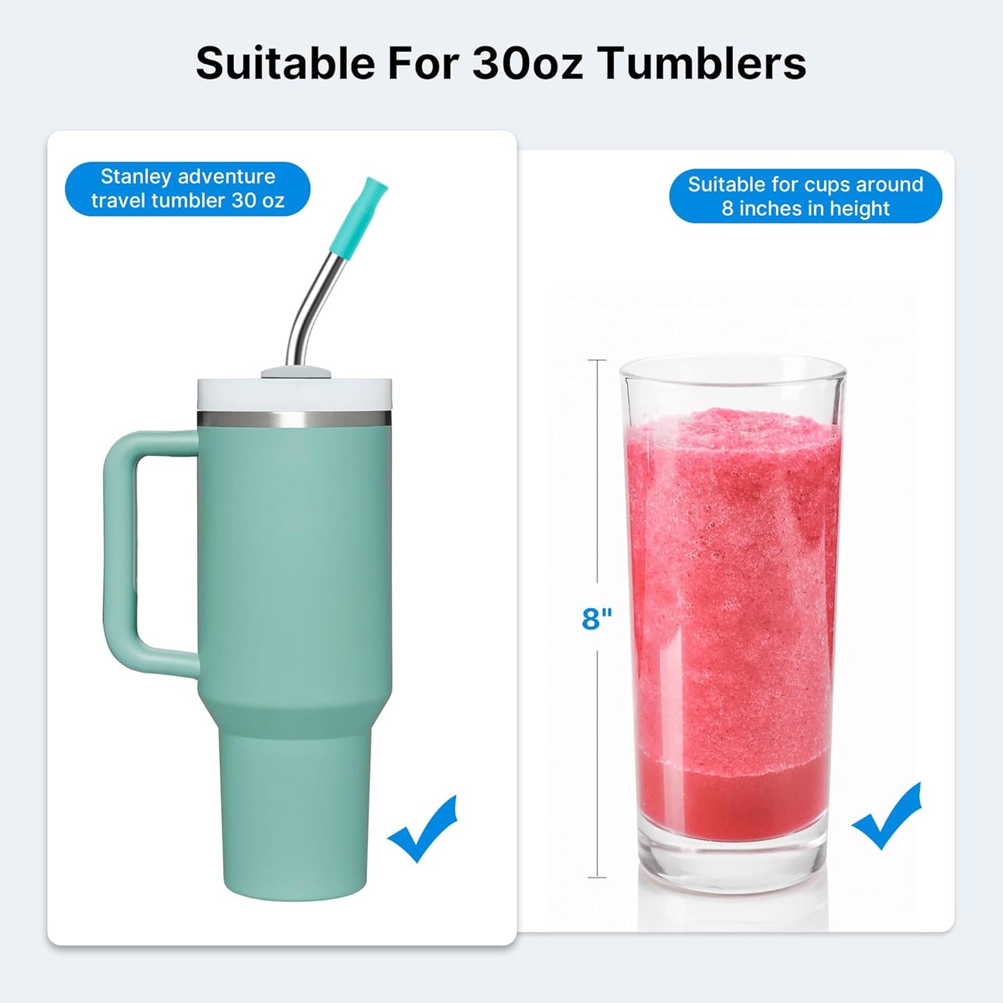 2 Pcs Stainless Steel Straw with Silicone Tips for 30 oz Stanley Tumbler, Repeatable 30 oz Metal Straws for Stanley Adventure Quencher Travel Tumbler Cup, BPA Free（Light Green）