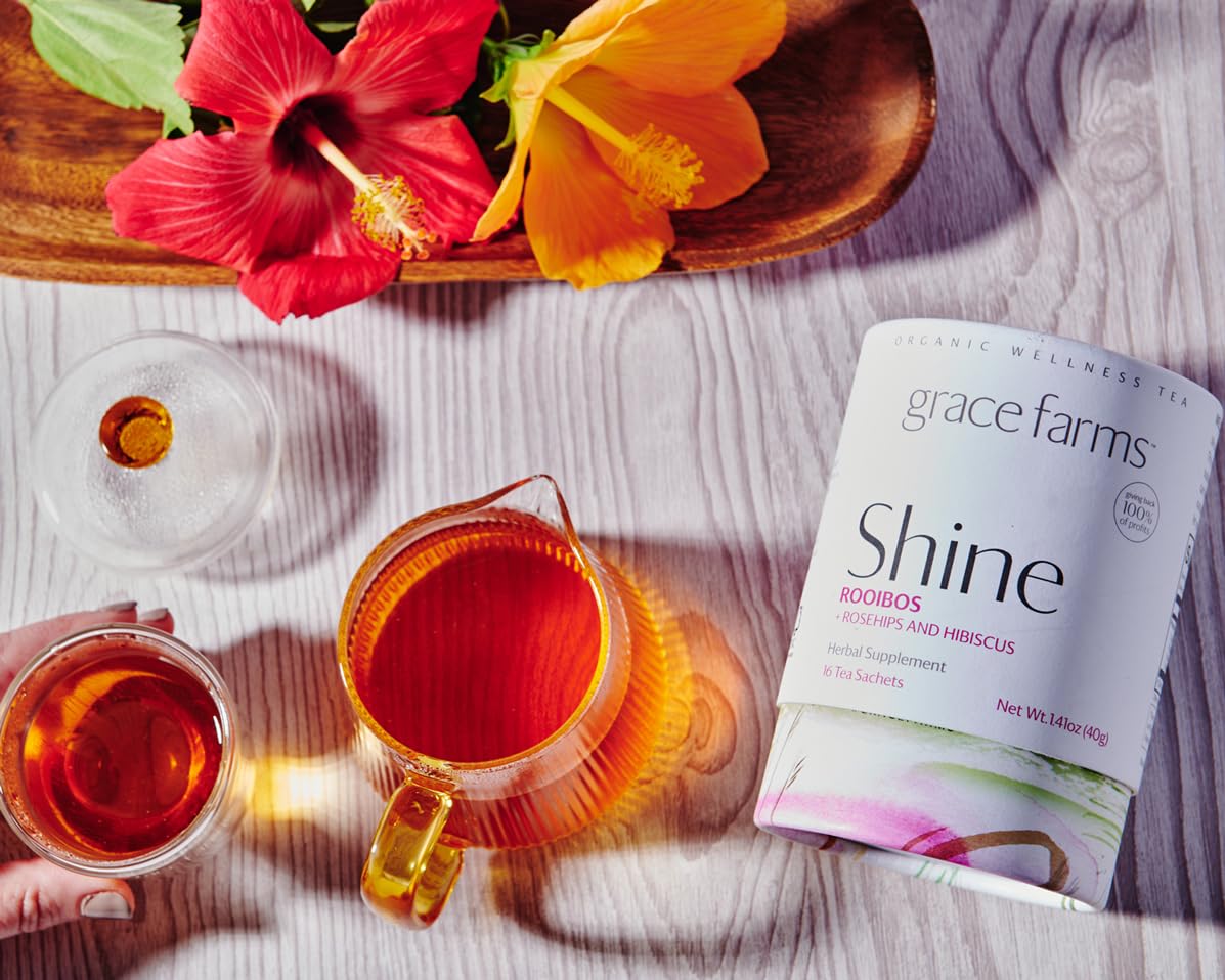 Grace Farms SHINE Wellness Organic Tea Blend (16 Pyramid Sachets) | Hydrating Tea For Skin and Detox | Rooibos, Rosehips, Hibiscus, Tulsi, and Haritaki | Fairtrade and Kosher | Gives Back 100% of Profits