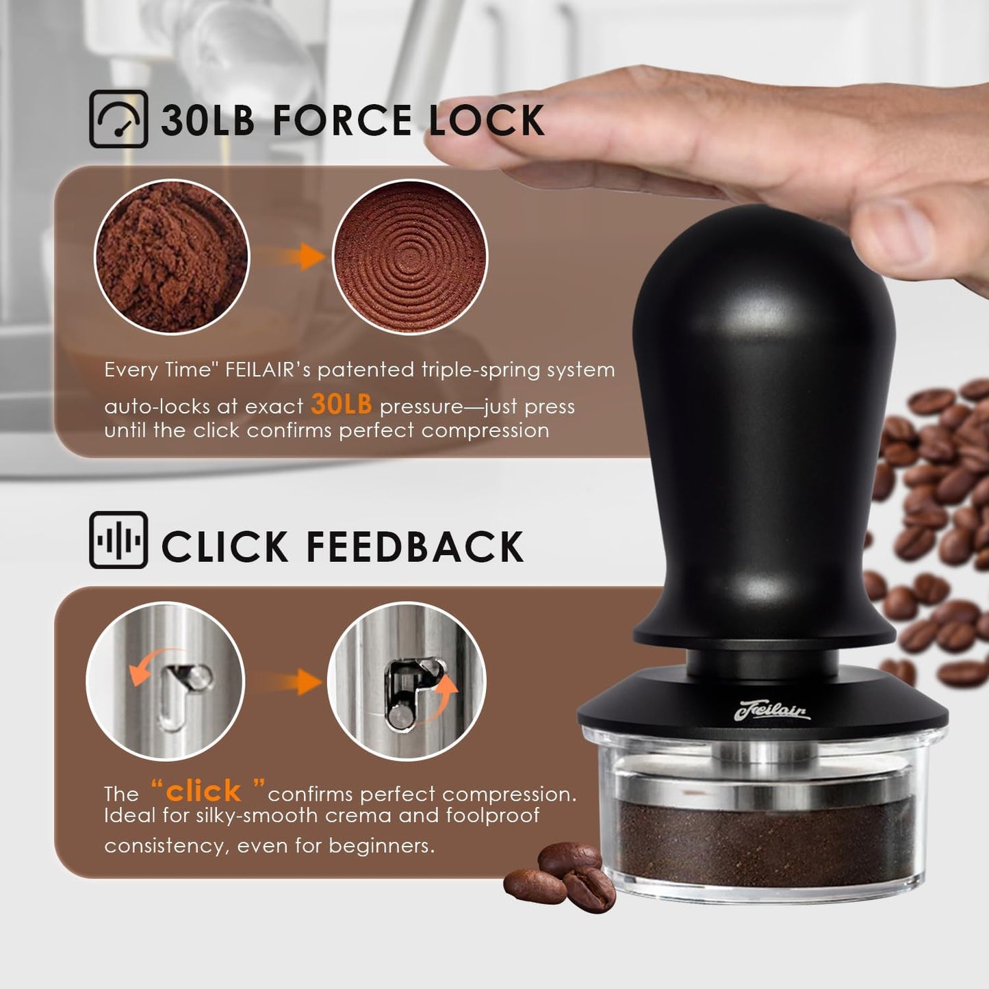 58.35mm Espresso Tamper, 3 Spring Loaded Tamper, Espresso press tool with Ripple Base, Self Leveling Tamper for Barista, Compatible with 58mm Breville, Gaggia Bottomless Portafilter