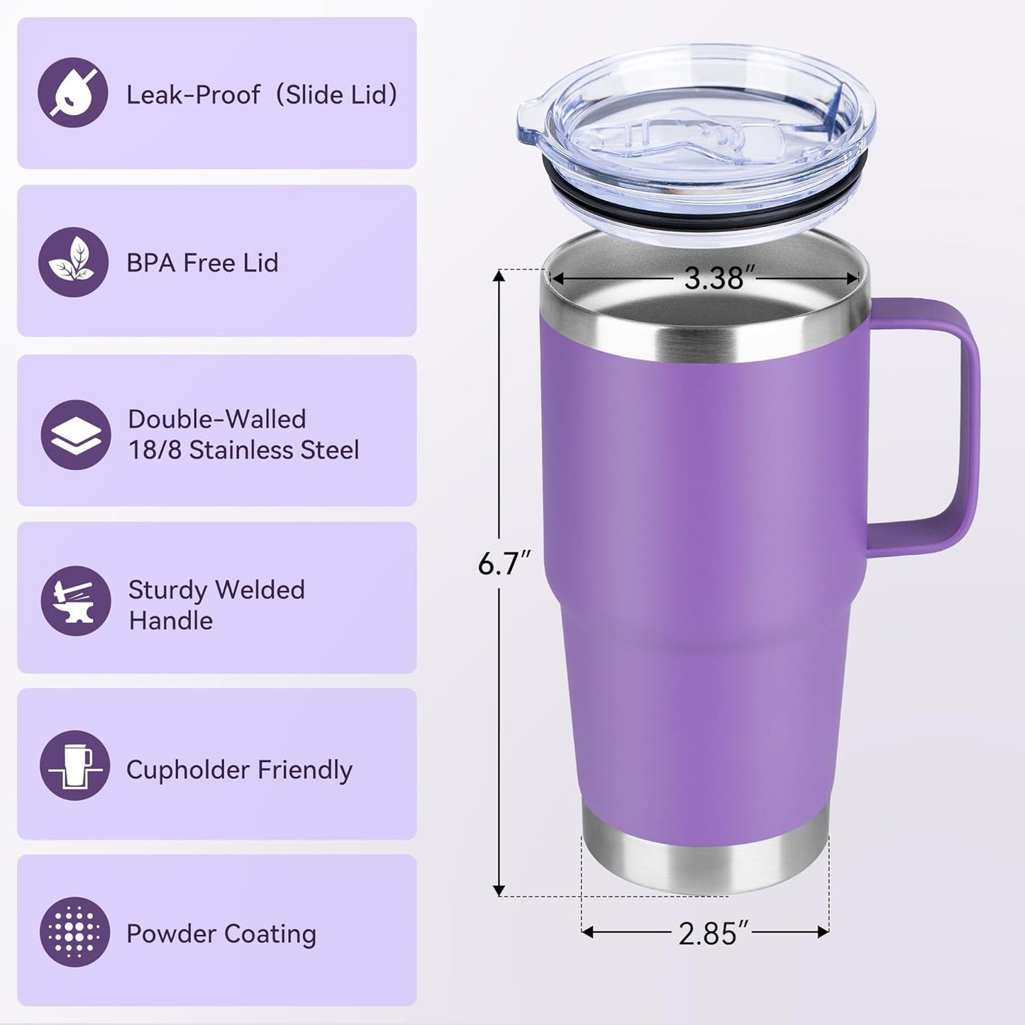HASLE OUTFITTERS 20oz Tumbler with Lid, Stainless Steel Tumbler with Handle, Metal Insulated Travel Coffee Mug with Handle, Double Wall Vacuum Spill Proof Tumbler Cup, Purple 1 Pack