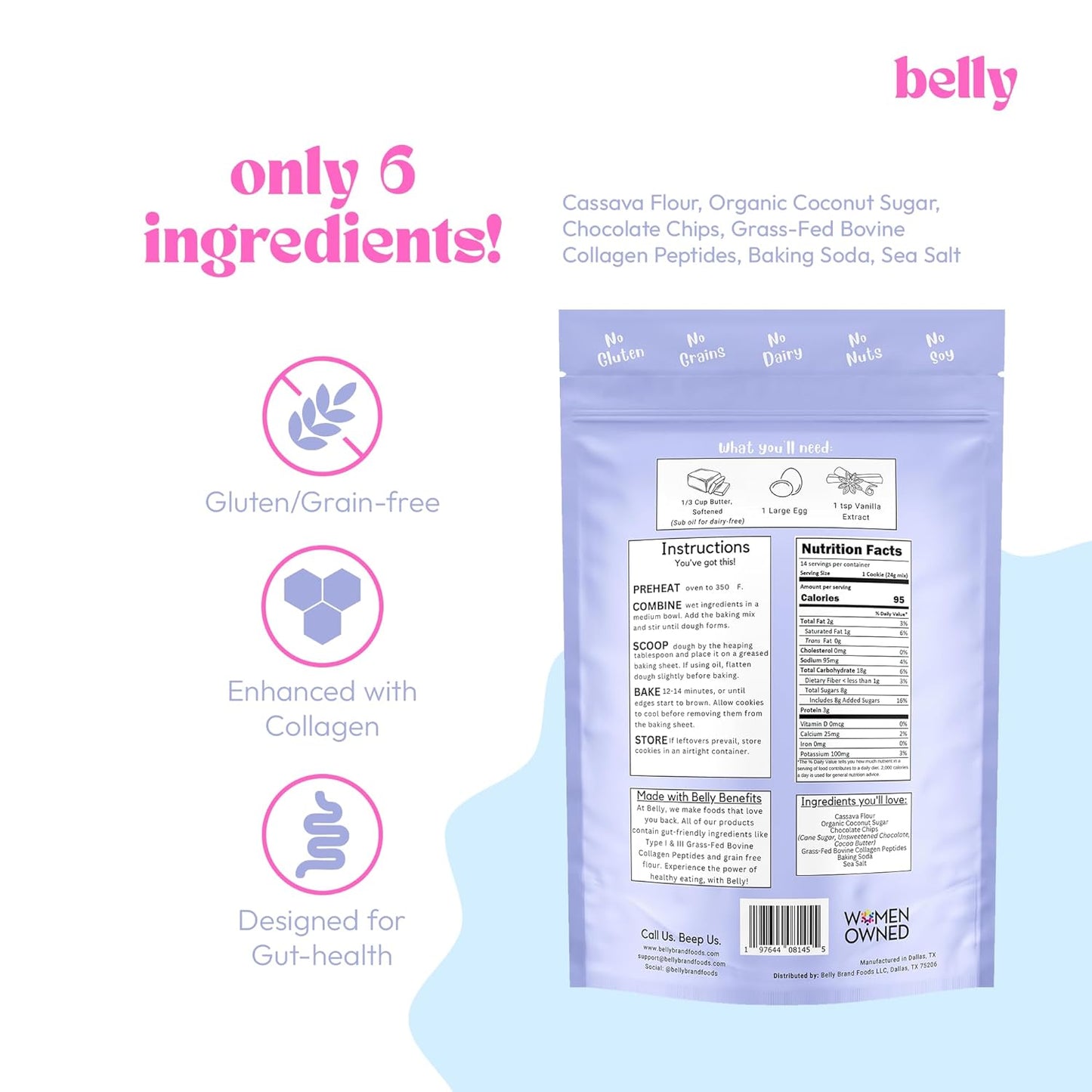 Belly Chocolate Chip Cookie Mix with Collagen Protein | High-Protein | Soft & Chewy Cookies | Grain-Free Dairy-Free Nut-Free | Healthy Snacks For Adults & Kids | Women-Owned Business | 10.5 oz | 3 Pack