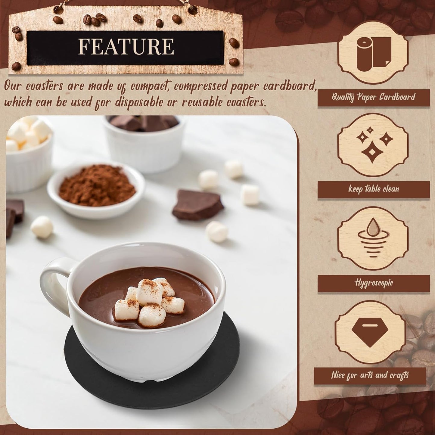 TaoBary 100 Pcs Disposable Paper Coasters Bulk 1MM, 4 Inch Round Cardboard Coasters Blank for Bar Drinks DIY Crafts Arts Wedding (Black)