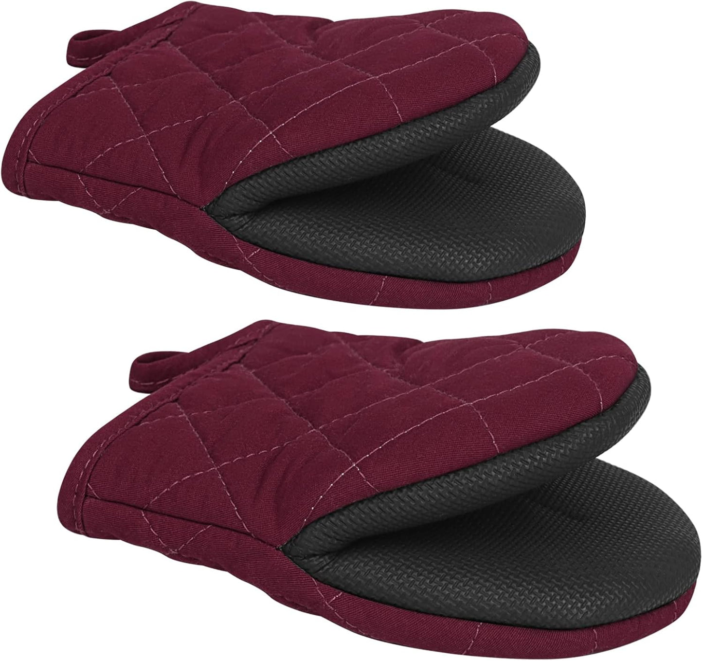 Qulable 1 Pair Short Oven Mitts - Silicone Kitchen Oven Gloves High Heat Resistant 500℉, Mini Oven Mits with Non-Slip Grip Surfaces and Hanging Loop for BBQ, Baking, Cooking and Grilling (Dark Red)