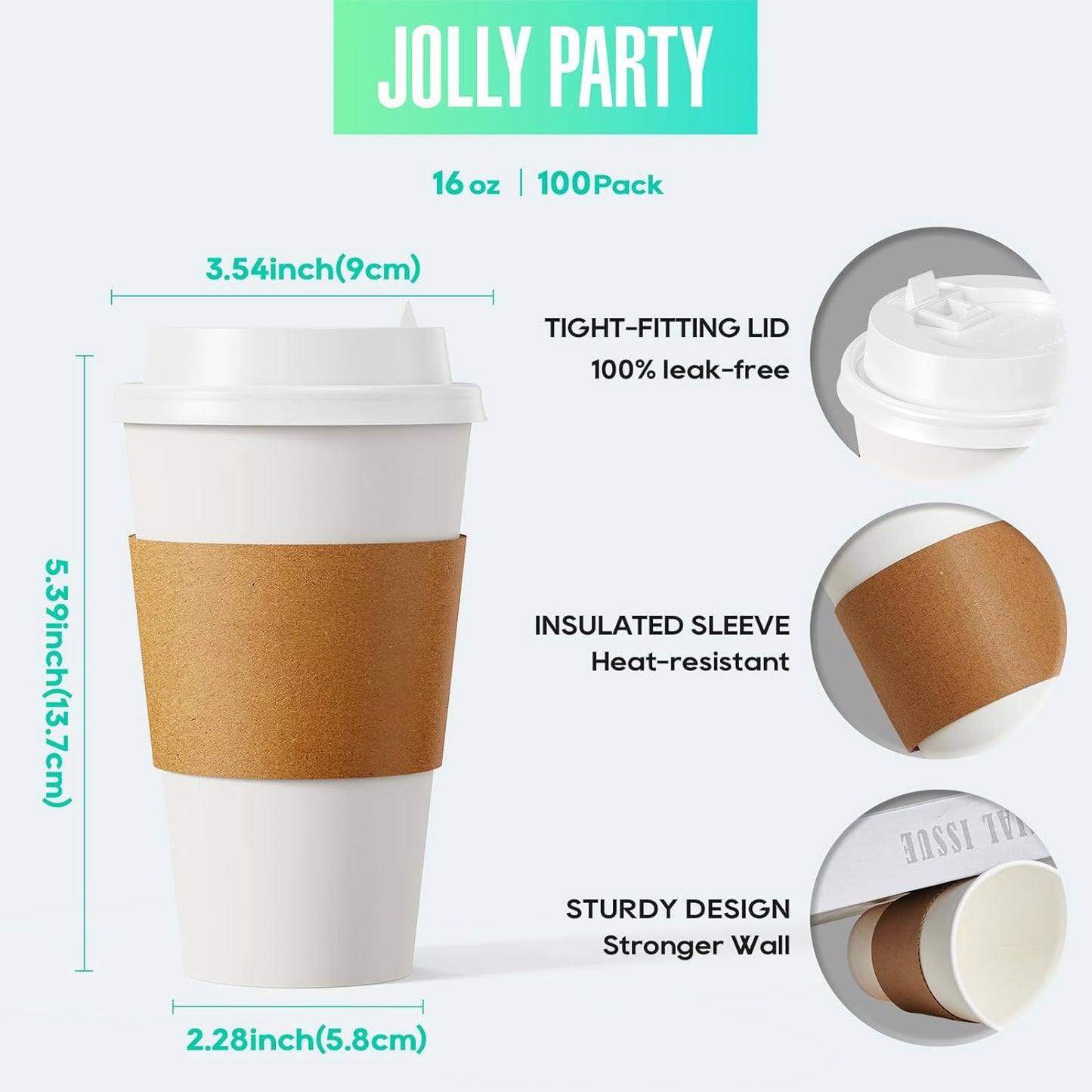 JOLLY PARTY [100 Pack] 16 oz Paper Coffee Cups, Disposable Paper Coffee Cup with Lids, Sleeves, and Stirrers, Hot/Cold Beverage Drinking Cup for Water, Juice or Tea, Suitable for Home,Shops and Cafes