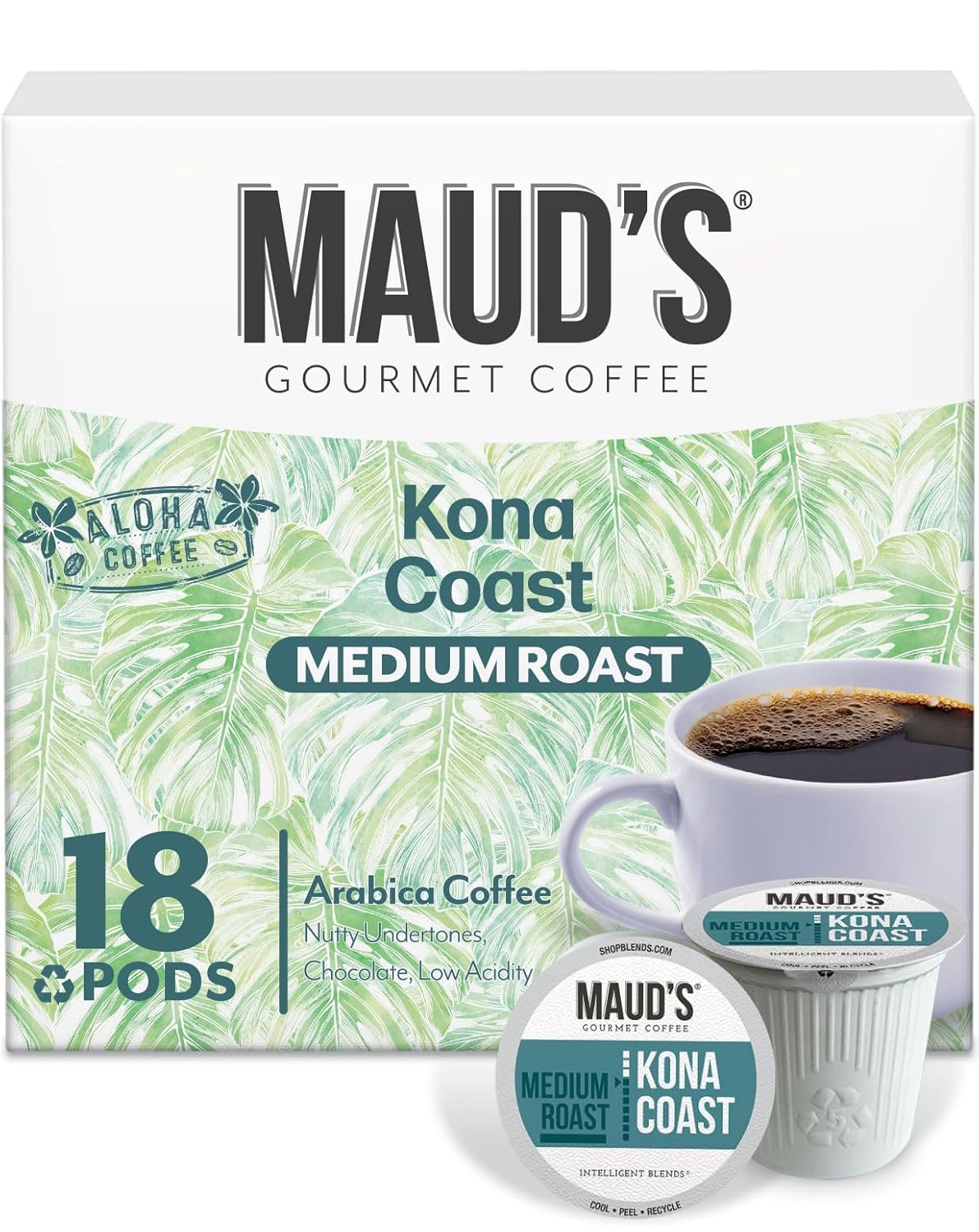 Maud's Kona Coffee Pods, 18 ct, Medium Roast Coffee in Recyclable Single Serve Pods – 100% Arabica Coffee, Compatible with Keurig K Cups Maker