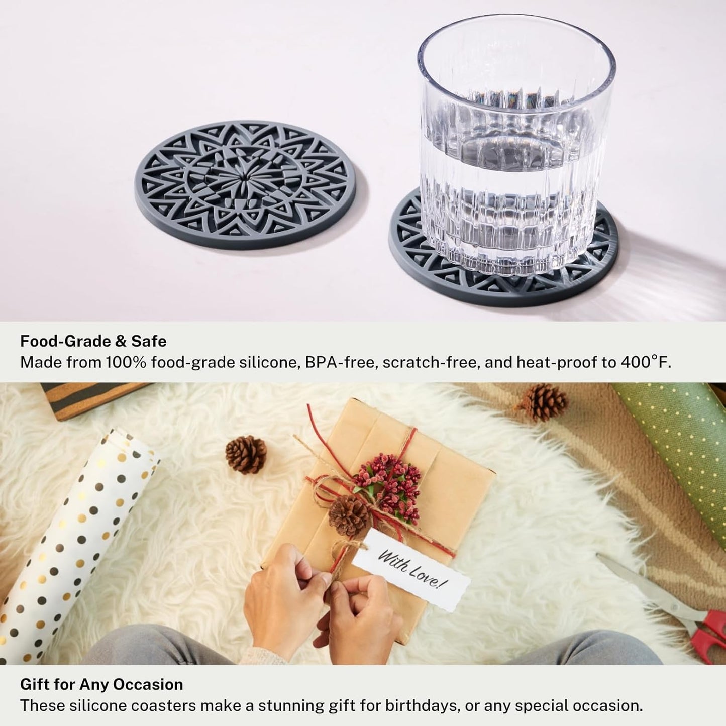 Set of 6 Dark Gray Silicone Coasters with Holder, Drink Coasters with Tribal Pattern Shape- for Table Protection, Anti Slip, Nonstick, Heat Resistant, Deep Tray