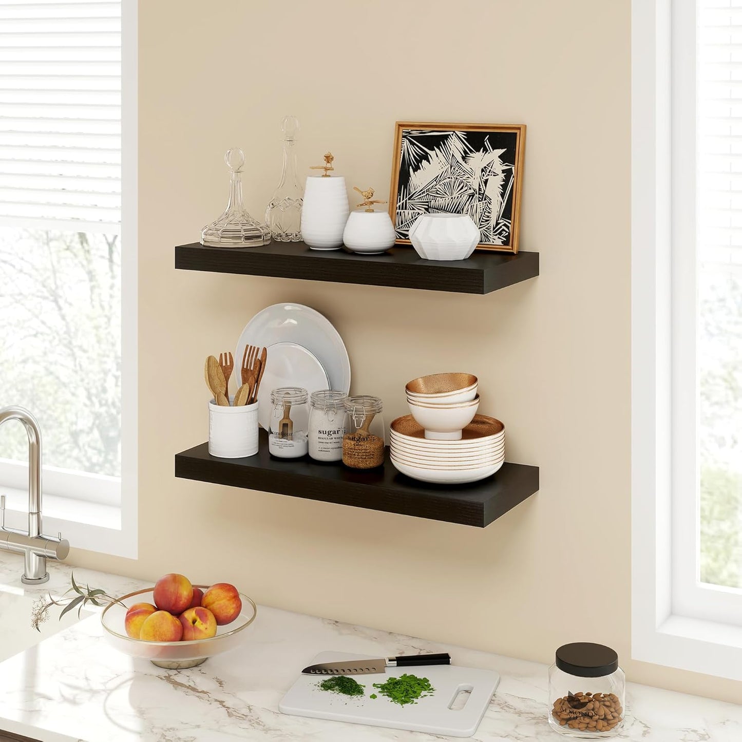 24 Inch Floating Shelves, 9.3" Deep Floating Shelf Wall Mounted, 24" Wall Shelves, Rustic Deep Bookshelf, Large Display Shelves & Storage Shelves for Bedroom, Living Room, Black, Set of 2