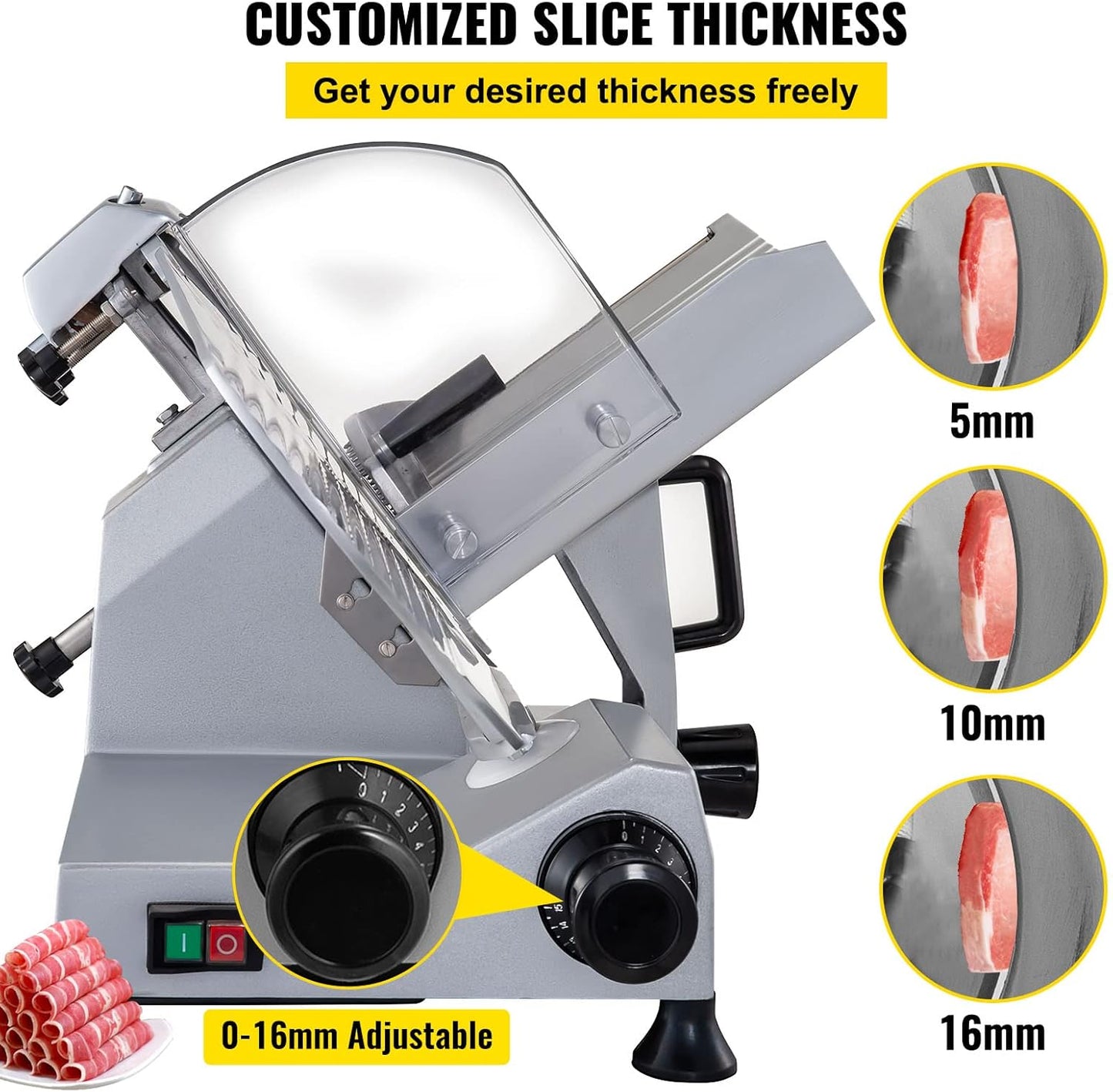 VEVOR Commercial Meat Slicer, 320W Electric Deli Food Slicer, 12 inch Carbon Steel Blade Electric Food Slicer, 350-400RPM Meat Slicer, 0-0.6 inch Adjustable Thickness for Cheese, Veggies, Ham