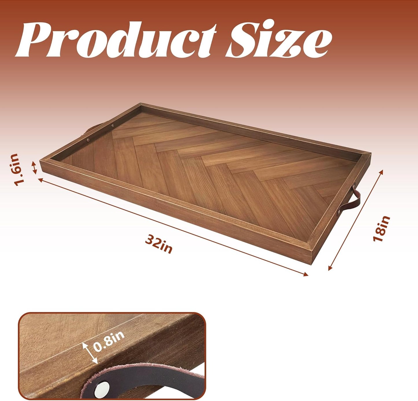 Tray for Ottoman 32 x 18 Inches, Rectangular Ottoman Trays, Extra Large Wooden Tray with Leather Handles, Food Serving Trays for Dinner, Breakfast, Snacks