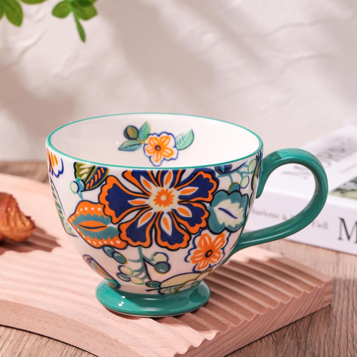 Vintage Flower Mugs – Large Ceramic Coffee Mug (15oz) – Cute Cereal Cup for Breakfast, Oatmeal Tea & Hot Drinks – Handmade Ceramic Cup with Floral Design