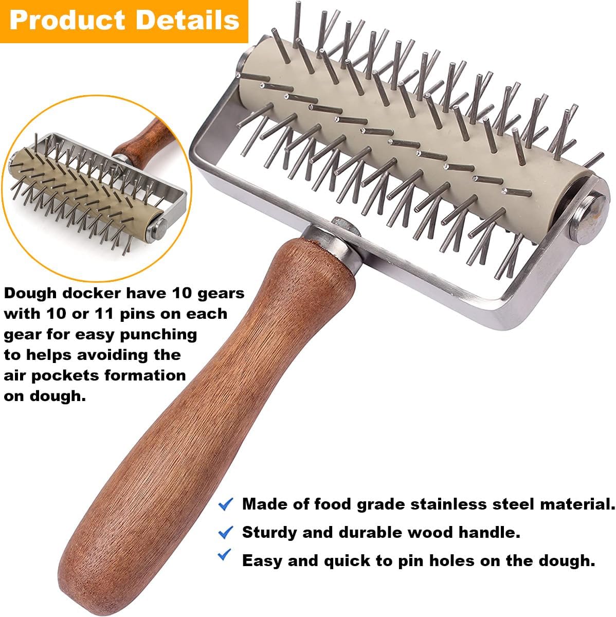 Dough Docker Roller Stainless Steel and Wooden Dough Roller, Set of 2 Pizza Pin Roller Dough Hole Maker Wood Pastry Pizza Roller for Pizza, Cookie, Pie, Pastry, Bread, Crust