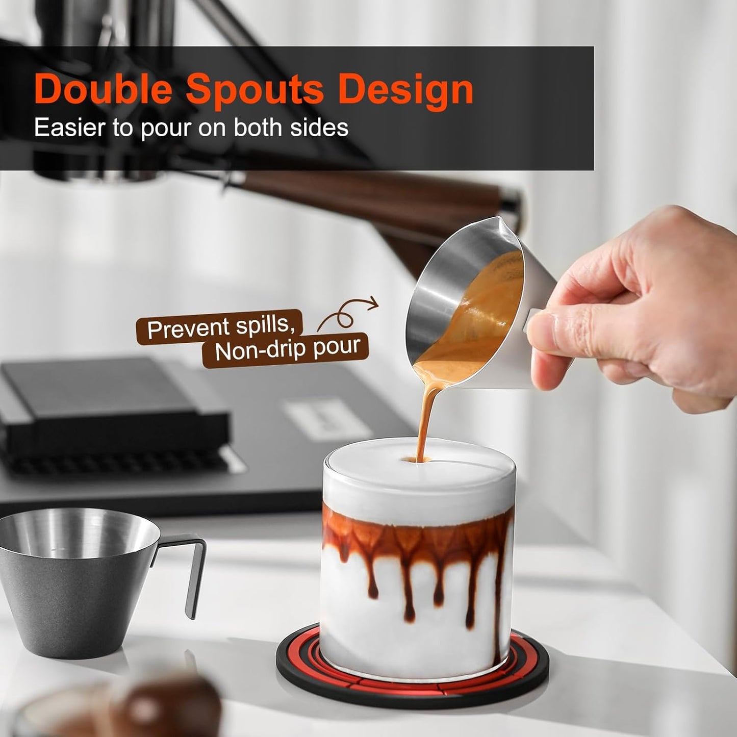 MHW-3BOMBER MHW-3BOMBER Espresso Measuring Cups 2Pcs with Handle, 1oz / 2oz / 3oz Double Spouts Stainless Steel Espresso Shot Cups with Scale, V-Shaped Mouth, 3.4oz / 100ML White G6200W-OS