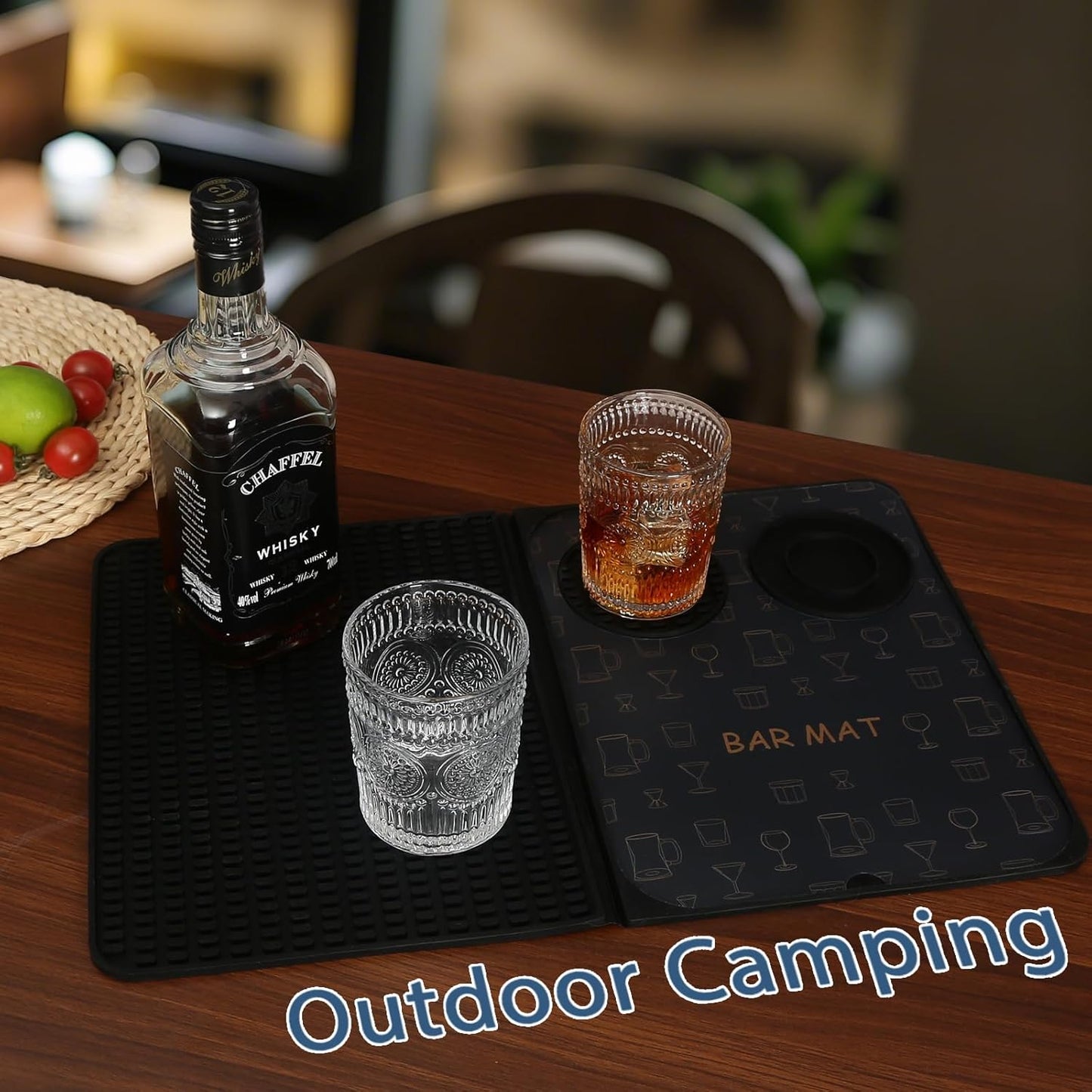 Foldable Bar Mat 18x12 inch - 3-in-1 Silicone Drying Mat with Removable Cutting Board & Rim Tray | Countertop Protector for Home, Outdoor, Travel | Professional Cocktail Accessories (Black)