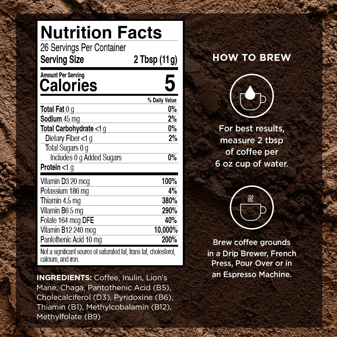 VitaCup Focus Mushroom Coffee Grounds, Vanilla Flavored Coffee with Lions Mane, Chaga, B Vitamins, D3, Boost Focus, Immunity, Memory & Clarity, Medium Dark Roast, 100% Arabica Specialty, 3 bags, 10 oz each