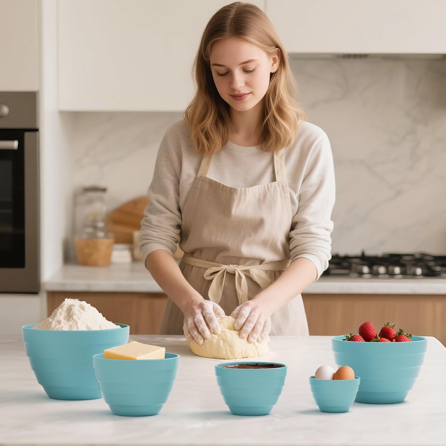 TP Mixing Bowls with Lids, 10-Piece Nesting Melamine Bowls Set for Prepping Serving Baking Cooking, Non Slip Bottom, Set of 5, Teal