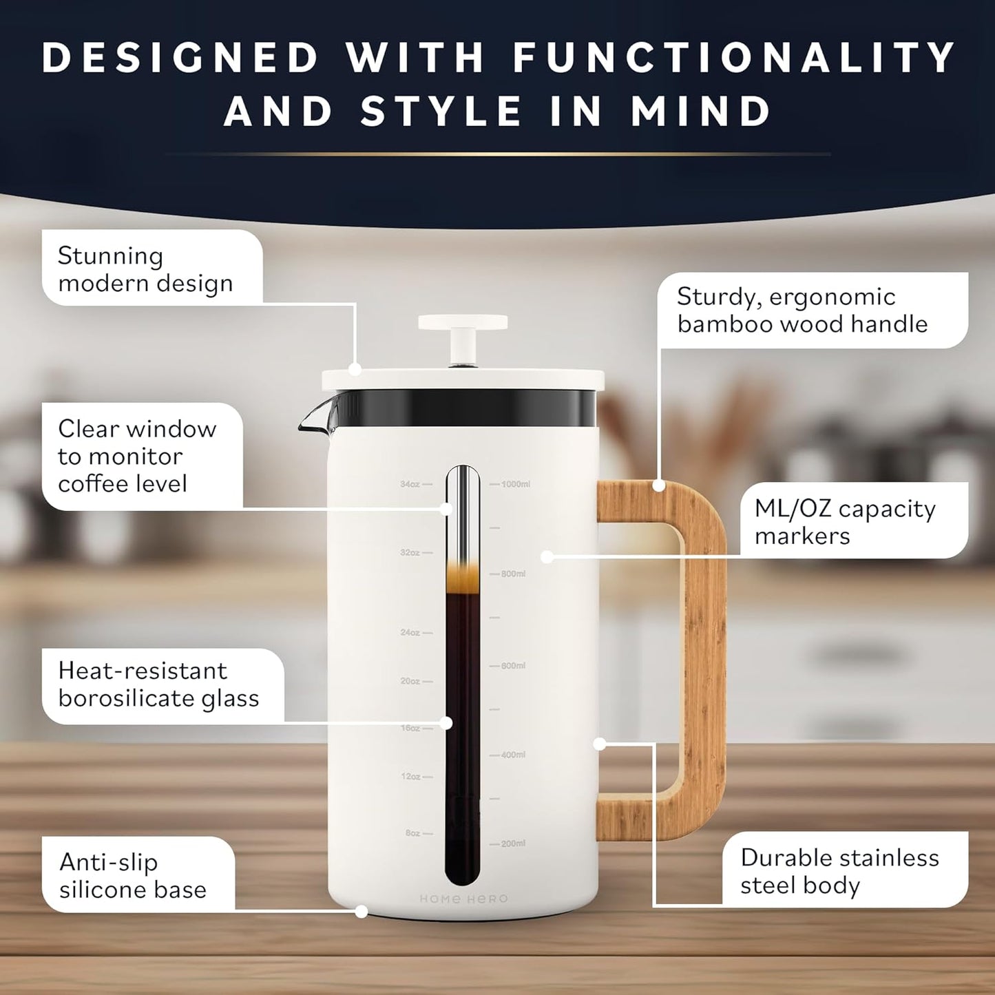 Home Hero French Press Coffee Maker - 34 oz Coffee Press with Bamboo Wood Handle, Heat Resistant Thick Borosilicate Glass French Presses, 4 Layer Filter, French Press Stainless Steel (Light Cream)