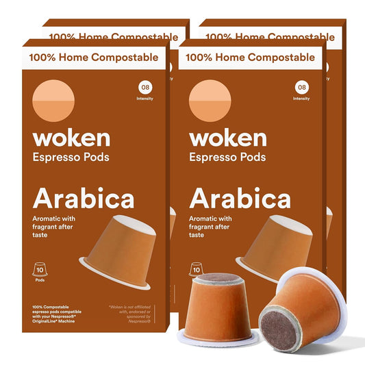 WOKEN COFFEE Compostable Nespresso Pods - Arabica Medium Roast Italian Espresso Coffee Capsules Compatible With Nespresso Coffee Machine (40 Pod Count, 4 Boxes)