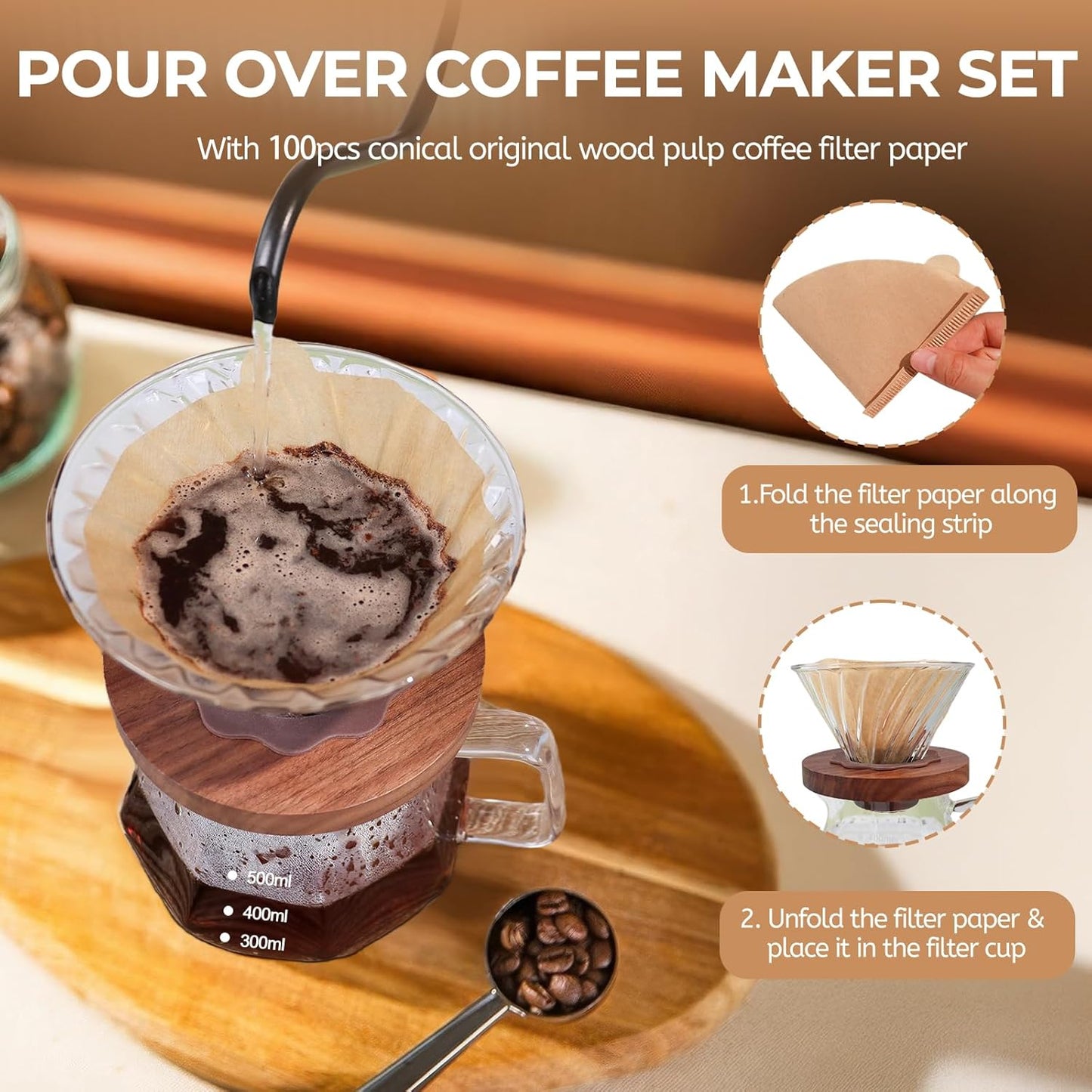 Pour Over Coffee Maker 600ml Borosilicate Glass Drip Coffeemaker Server Set with 100pcs V60 Cone Paper Filters Walnut Collar Glass Lid Clear Hand Brew Dripper Carafe for Home Camping Travel 20.29oz
