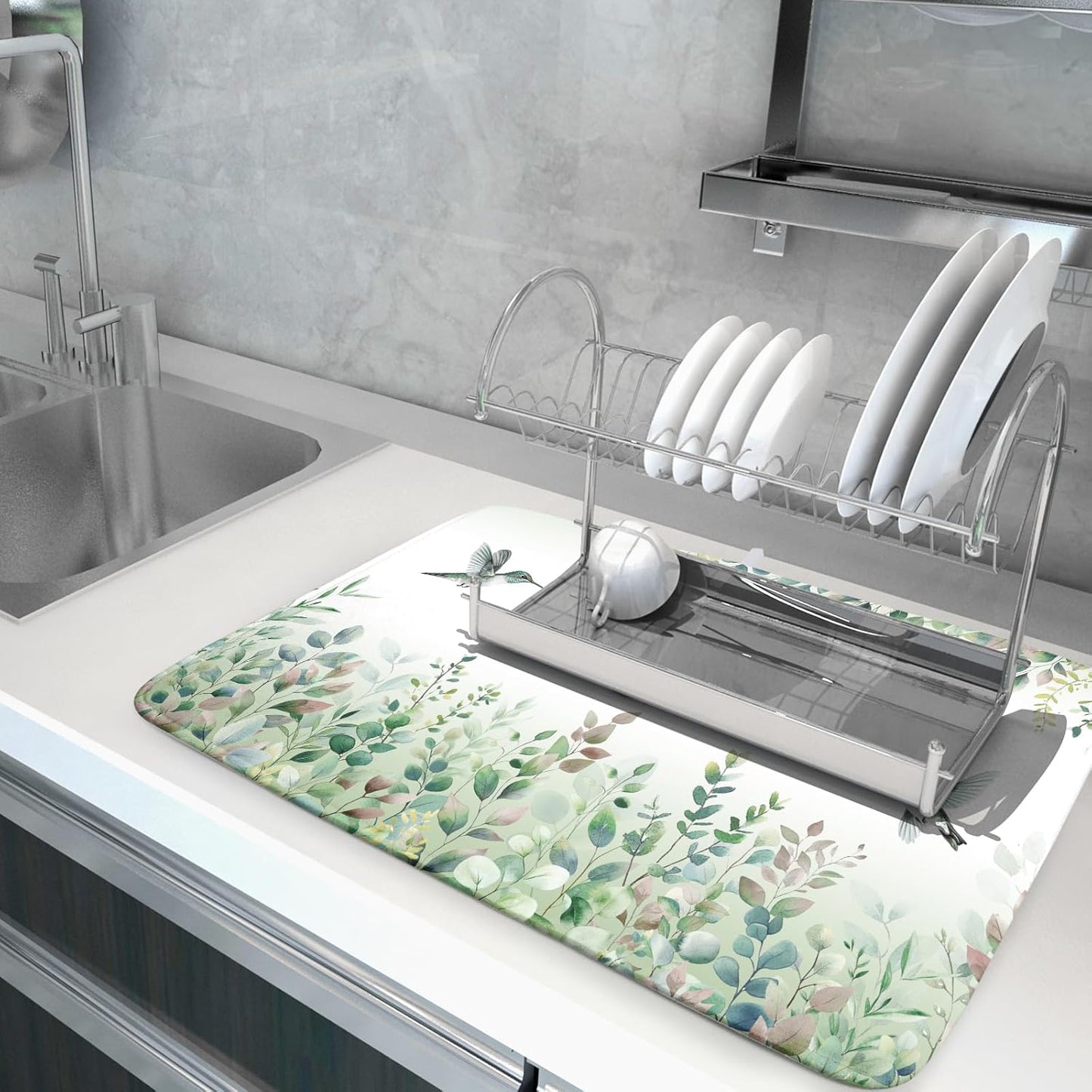 Giwawa Hummingbird Dish Drying Mat for Kitchen Countertop, Spring Summer Sage Green Eucalyptus Leaves Dish Drainer Mats, Herb Botanical Microfiber Dish Drying Pad Home Decor, 18"x24", Large